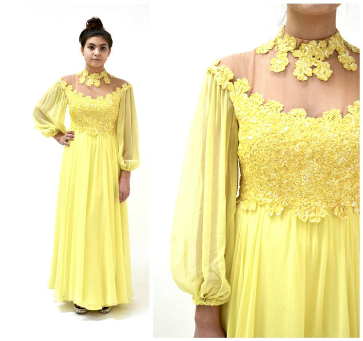 70s Vintage Sequin Evening Gown Dress Yellow Small Medium By Mike Benet// 70s Vintage Bridesmaid Prom Dress Yellow Wedding Dress  A29