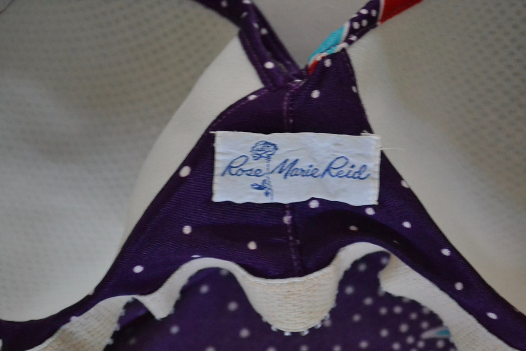 Vintage 70s 80s Rose Marie Reid Swimsuit Floral Print One Piece High Cut Swim Suit Medium Purple Polkadot Tropical Print Swimsuit 1970s