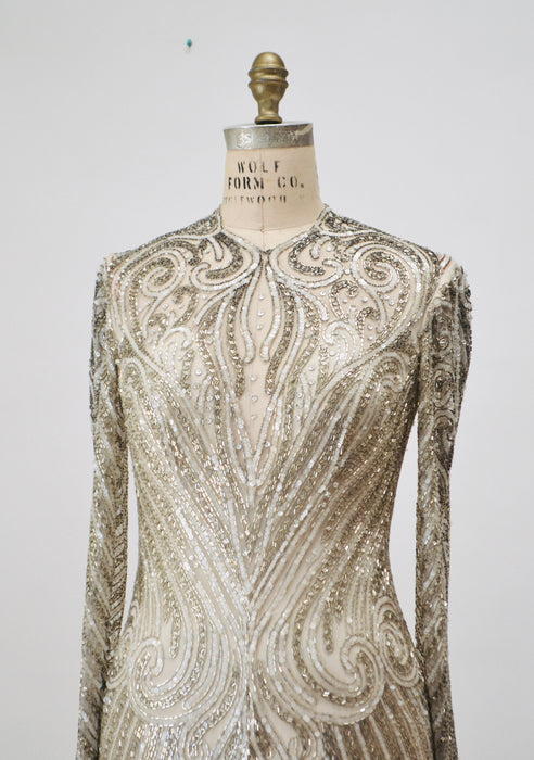 80s 90s Vintage Silver Gold White Cream Beaded Gown Dress Medium Bob Mackie Silk// Vintage Sheer Wedding Gown Beaded Art Deco Medium