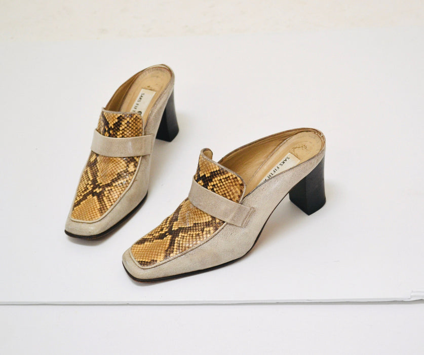 90s 00s Y2K Vintage Snake Skin Leather Slides High Heel Loafers Shoes 7 1/2 Vintage Tan Snake Skin High Heel Shoes Mules Saks Fifth Avenue