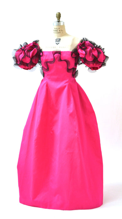 90s Vintage Pink Ball Gown Dress Small Medium By Bill Blass Bergdorf Goodmans Bright Pink Ruffle Gown Dress Off the Shoulder Dress