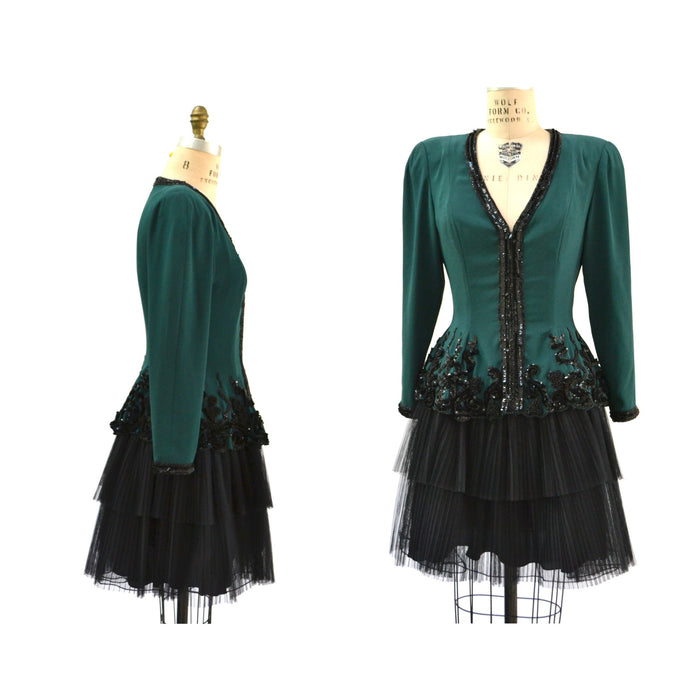 80s 90s Fabrice Vintage Green Black Beaded Party Dress Medium // Vintage 80s 90s Sequin Party Dress Crinoline Pleated Skirt Long Sleeves