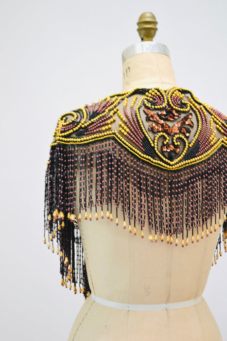 Vintage Gold Black Beaded Rhinestone Shawl Wrap Burlesque Wedding Flapper Gold Metallic Beaded Vintage Fringe Collar Shawl GOld Flapper