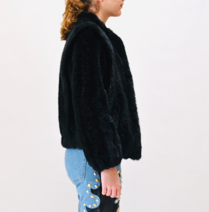 80s Vintage Faux Fur Black jacket Coat 80s 90s Black Cropped Faux fur Jacket Coat XS Small 80s 90s Glam Black Fur Party Jacket Black