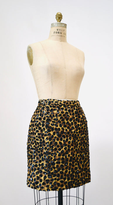 90s Vintage Metallic Sequin Skirt Size Small Animal Leopard Cheetah Print By Jeanette // 90 Vintage Black Sequin Party Skirt Size Small