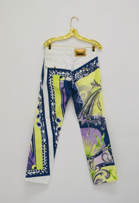 90s Vintage Versace Pants Jeans White Blue Yellow Printed Versace Pants Size 32 Italian Vintage Fashion Designer Size Small Medium