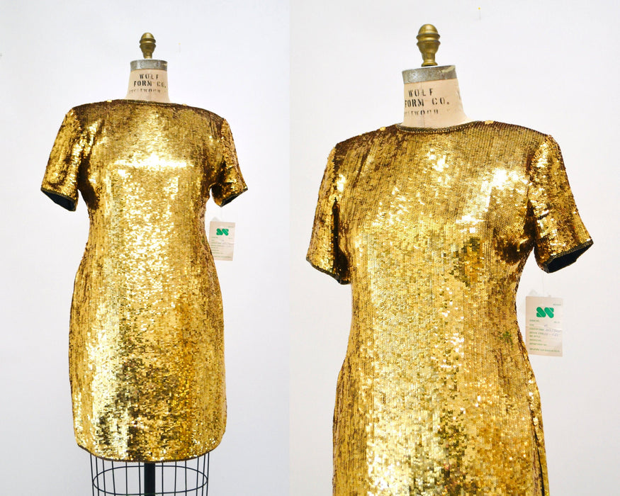 80s 90s Vintage Gold Sequin Dress Vintage Gold Metallic Dress Small Medium// Sequin Dress Flapper Inspired Cher Dress 80s Glam