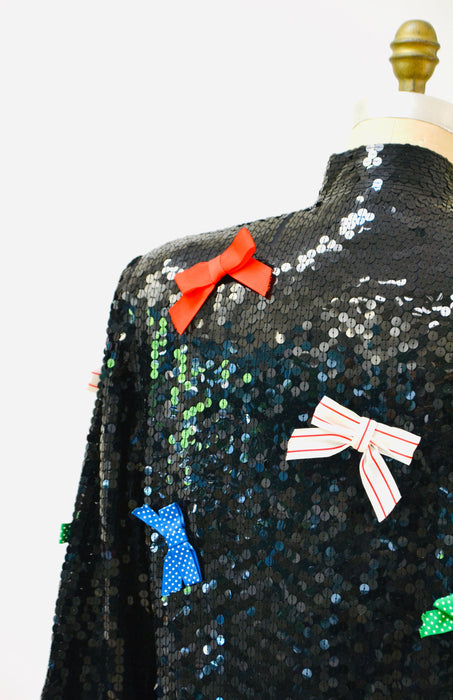 Vintage Black Sequin Jacket With Bows Ribbons 80s 90s Pop art Sequin Jacket Red Blue White Green Metallic Sequin Jacket Medium