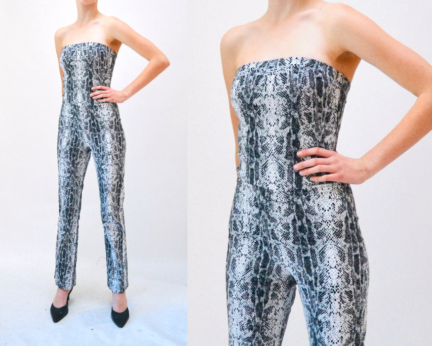 2000s Y2K Snake Print Black Jumpsuit Strapless Club Jumpsuit Black White Stretch// 00s Vintage Black Jumpsuit Pantsuit XXS XS Club Party