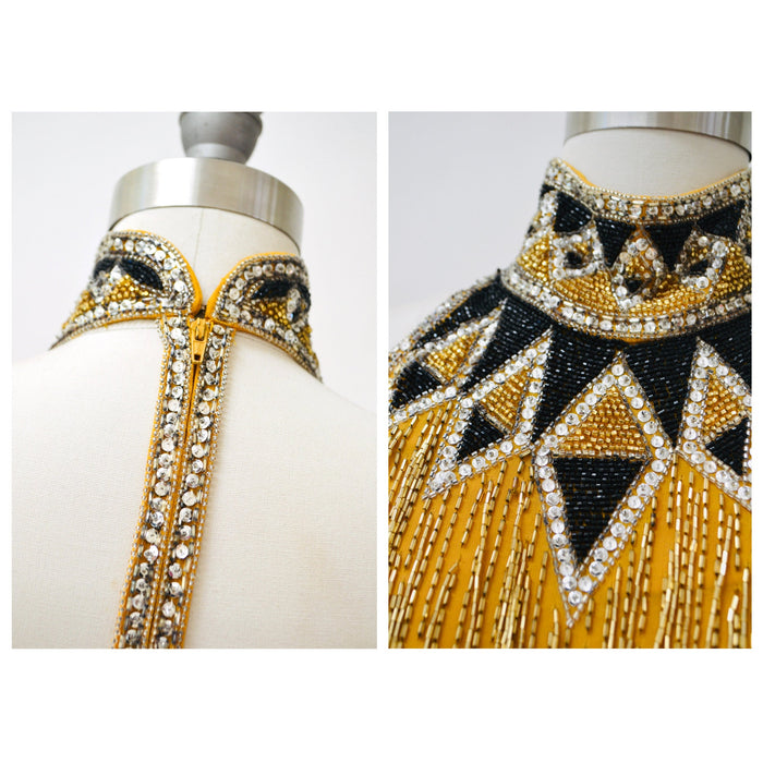 80s Vintage Bob Mackie Gold Beaded Fringe Dress Vintage Gold Metallic Dress Small Medium// Beaded Fringe Dress Flapper Inspired Cher Dress