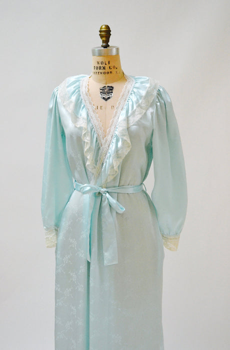 80s Vintage Blue Satin Robe Nightgown Blue lace Wedding Honeymoon Lingerie// Vintage Robe Lingerie Something Blue Large by Carole Hochman