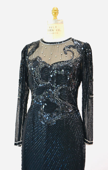80s 90s GLAM Vintage Black Beaded Sequin Party Cocktail Dress Small Medium by Nighline Black Silk Long Sleeve Party Pageant Sequin Dress