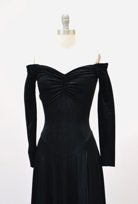 90s Vintage Black Velvet Dress Betsey Johnson XS Small //  90s Party Dress Knit Velvet Black dress Long Sleeve Skater Off the Shoulder