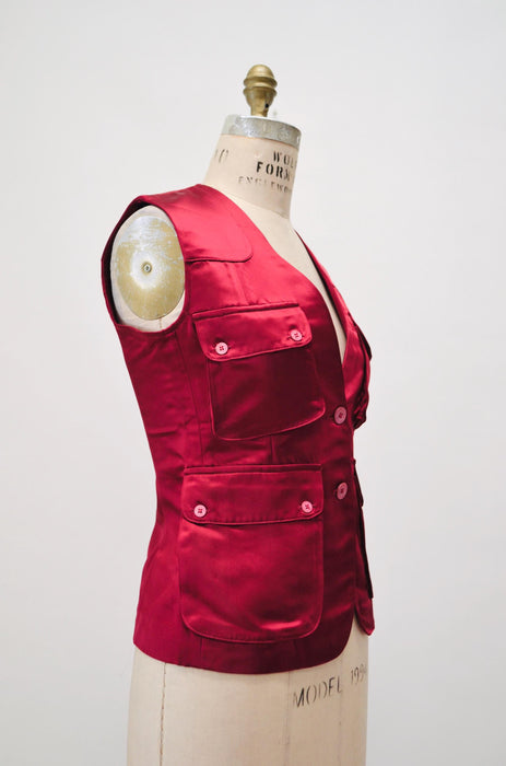 80s 90s Vintage Red Burgundy Satain Vest Medium by Gianfranco Ferre Vest Red Satin Cargo Vest Designer vintage Womens Red Gilet Vest Small