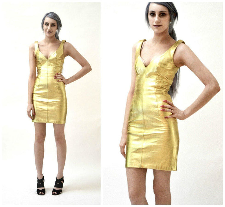 90s Metallic Gold Leather Dress by Michael Hoban North Beach Leather// 90s Leather Dress Gold Size XS Small