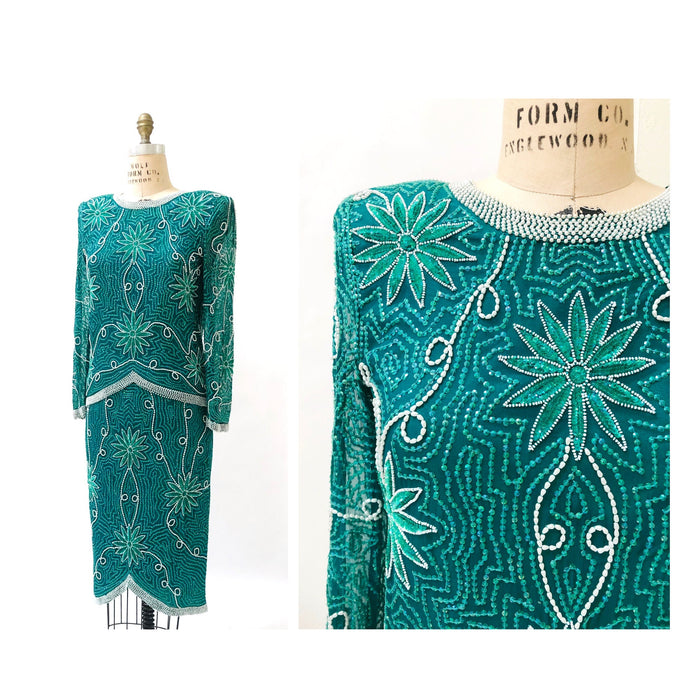 80s 90s Vintage Sequin Top Skirt Dress Set Beaded Skirt Top Dress Medium Blue Green Teal  80s 90s Party Dynasty Flapper Costume