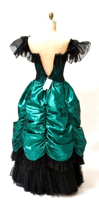 Vintage 80s Prom Dress Ball Gown XS Small Metallic Green Black// 80s Metallic Party Dress Green Black Lace Southern Bell Pageant Loralie