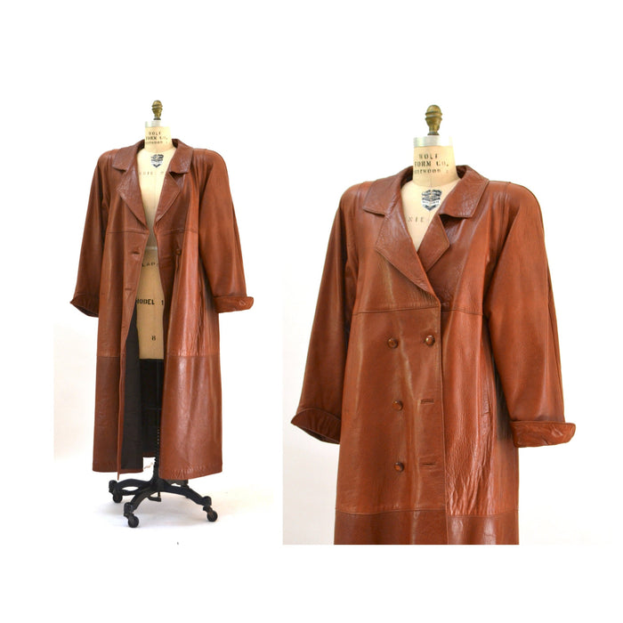 Vintage Brown Leather Jacket Trench Coat Long Leather Jacket Coat Medium Large// 80s 90s Brown Leather Jacket Coat Long Brown Leather jacket
