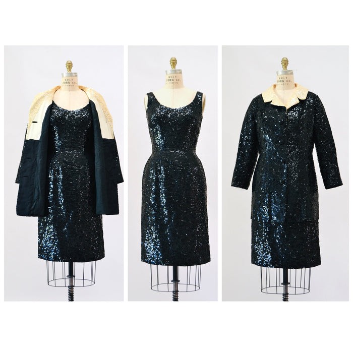 50s 60s Vintage Black Sequin Dress and Jacket Small Medium 1950s 60s Wedding Cocktail Sequin Dress Jacket Suit Miss Ruth Cream Sequin Collar