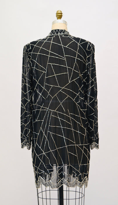 90s Vintage Black Beaded Silk Chiffon Duster Jacket Black Beaded Sheer Black Top Long Sleeves Beaded Beach Cover UP Fabrice Small Medium