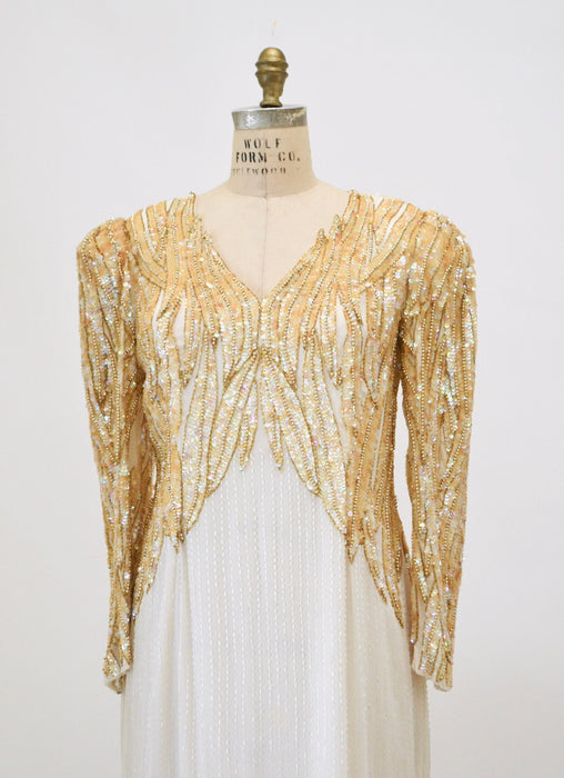 80s 90s Vintage Cream Sequin Beaded Gown Dress Medium Pageant Dress// 80s Vintage Wedding Gown Cream White Beaded Long Dress Sleeve Gown