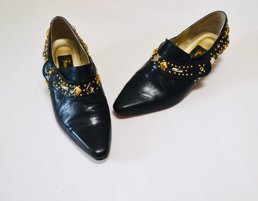 80s 90s Black Leather Cropped Boots size 7 1/2 Cropped Studded Rockstar Black Booties Flats // 90s Black Leather Booties Shoes Size 7 7 1/2