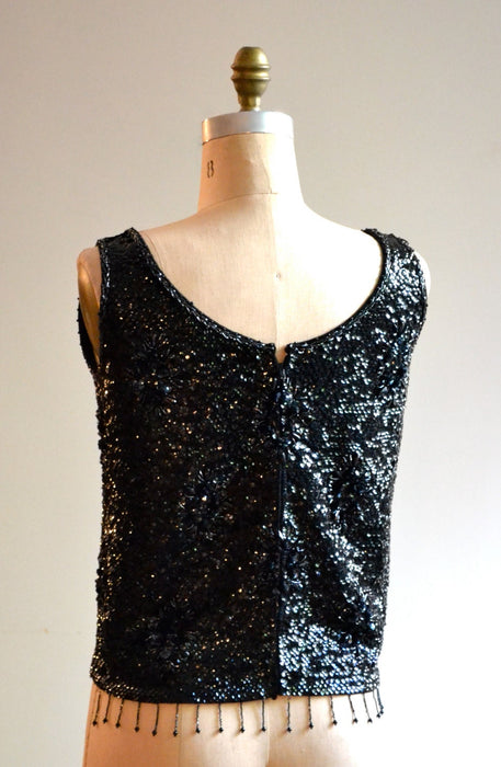 Vintage 60s Black Sequin Shirt Tank Top Shell Size Medium Large// Black Metallic Sequin Top Shirt Shell Size Large Beaded Fringe