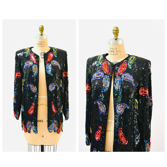 Vintage Black Sequin Jacket Paisley Beaded Jacket Medium Large // Vintage Black Sequin Jacket Paisley Metallic 80s 90s Glam Sequin Jacket