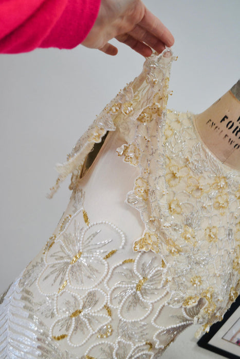 80s 90s Vintage White Beaded Party Dress Dress Small // Vintage Cocktail Wedding Dress White Beaded Flapper White Beaded Party Dress