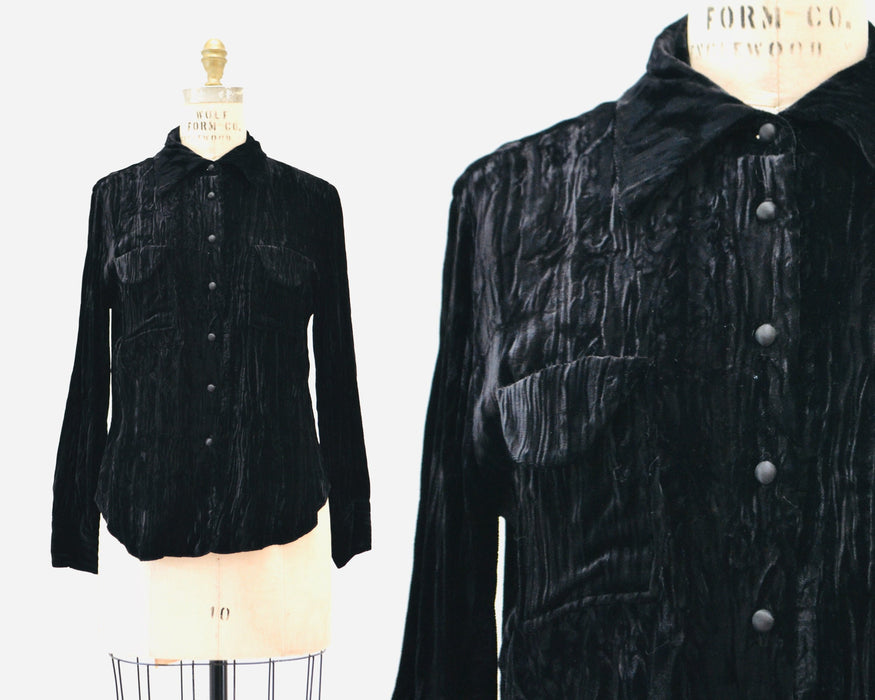70s 80s Black Velvet Shirt Crushed Velvet Button Down Shirt Size Small Medium// Vintage Black Velvet Shirt Small medium Button Down