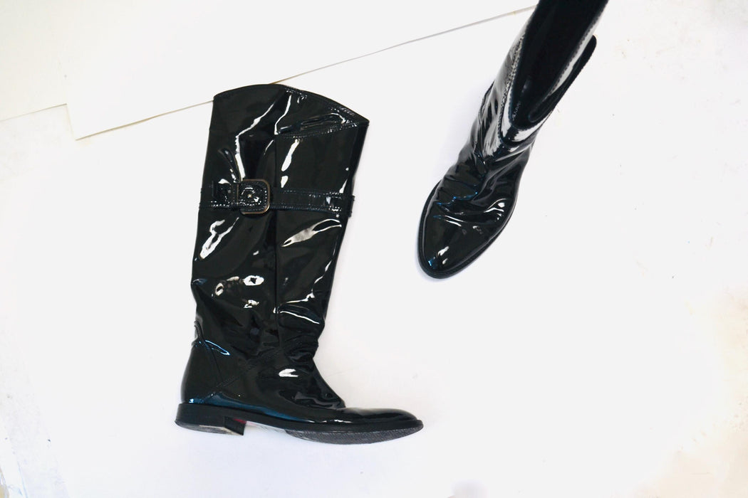 90s 2000s Black Patent Leather Knee High Boots 39 8 8 1/2 Sergio Rossi Made in Italy// Vintage Black Patent leather Knee High Flat boots