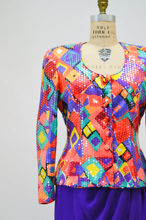 80s 90s Vintage Sequin Jacket Suit and Skirt By Lillie Rubin Abstract Rainbow Print Sequin Suit Medium large 80s Power Suit Sequin Jacket