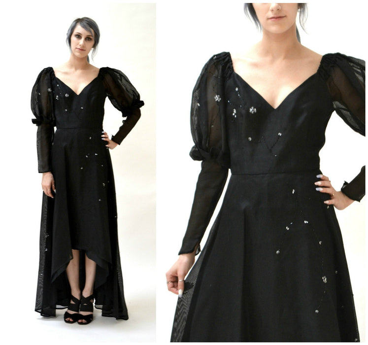 Black Silk Evening Gown Dress Size Small Medium Open Shoulder// 80s Black Dress Size Small Medium Black Silk Dress Beaded Evening Gown