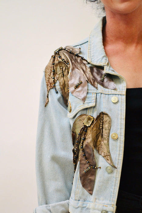 80s Vintage Denim Jacket Leather Rhinestone Medium // 90s 80s  Glam Denim Jean Jacket Womens Beaded Flower Leather Jean Jacket Art to Wear