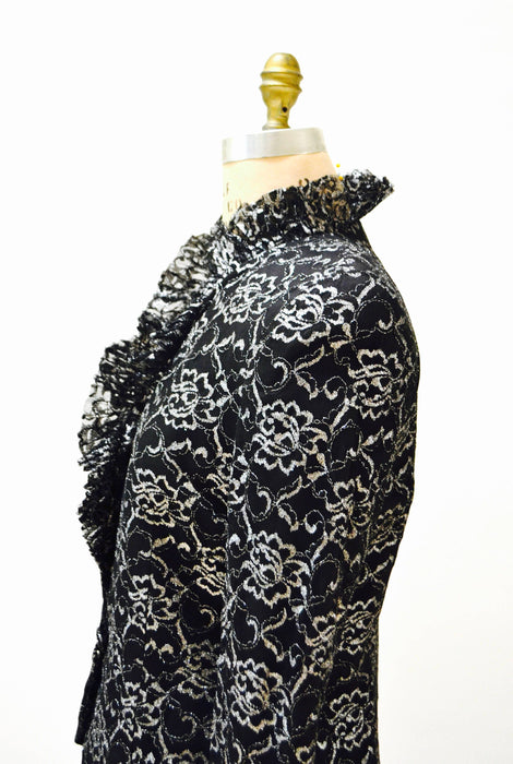 80s Vintage Black Silver Metallic Lace Jacket Blazer Suit by Carolina Herrera Studio Medium Large// 80s Black Lace Jacket Suit Ruffle Jacket