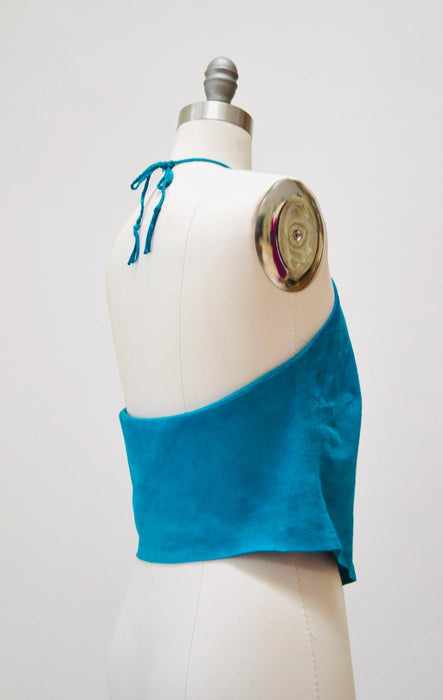 2000s Y2k Vintage Blue Leather Halter Neck Crop Top Blue Turquoise Leather Party Top Y2k Party Club Top by Laundry Halter leather top Small