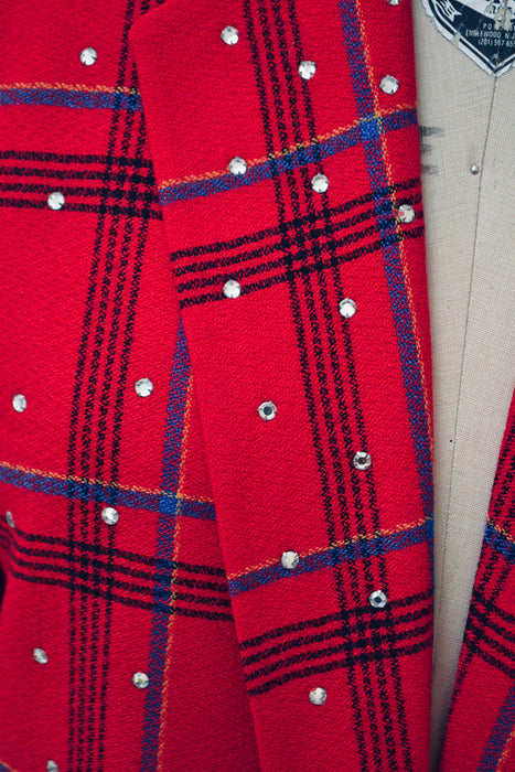 90s Vintage Red Plaid Jacket Blazer with Rhinestones Red Plaid Blazer 80s 90s Glam Power Suit Small Medium Criscione Christmas Party Jacket
