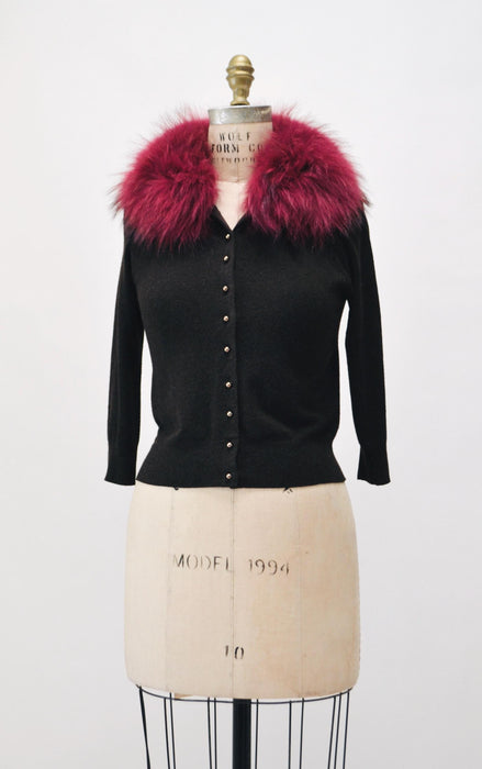 Vintage Y2K Fox Fur Collar Cardigan Sweater Red Brown Sweater Cardigan Top Small Y2k Brown Wool Cardigan Sweater Fox Fur collar Sweater top