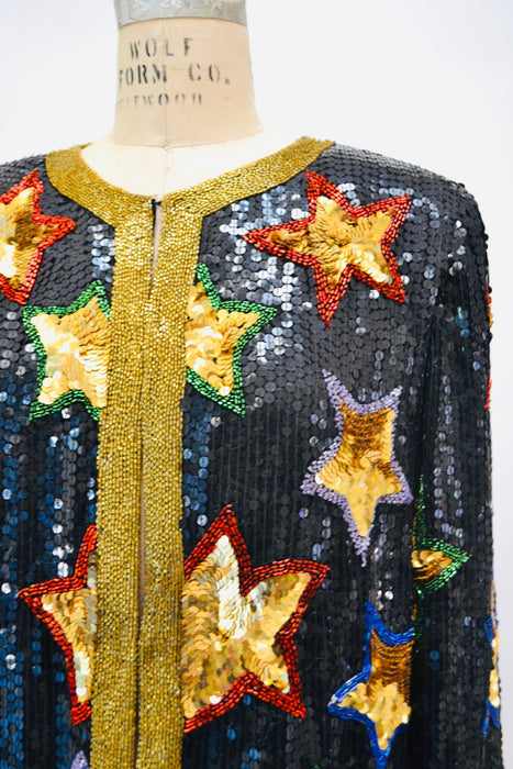 80s 90s Vintage Star Sequin Beaded Jacket Black Gold Metallic Star Sequin Jacket Medium// 80s 90s Glam Vintage Party Sequin Jacket Stars