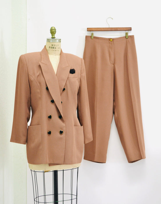 90s Vintage Brown Heart Jacket Blazer Suit with Heart Love Buttons Tan Blazer 80s 90s Glam Power Suit Medium Large Criscione 90s Suit