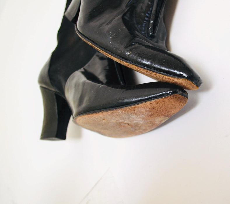 1970s 80s Vintage Knee High Boots Size 38 7  7 1/2 Ombeline Maud Frizon Black Mesh and Leather Boots High Heel Knee High Black Leather Boots