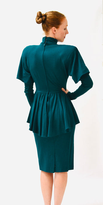 80s does 40s Vintage Teal Blue Green Knit Wool Dress Small Medium Wool Jersey Knit Dress Green teal Long Sleeve Peplum Dress Bonnie Strauss