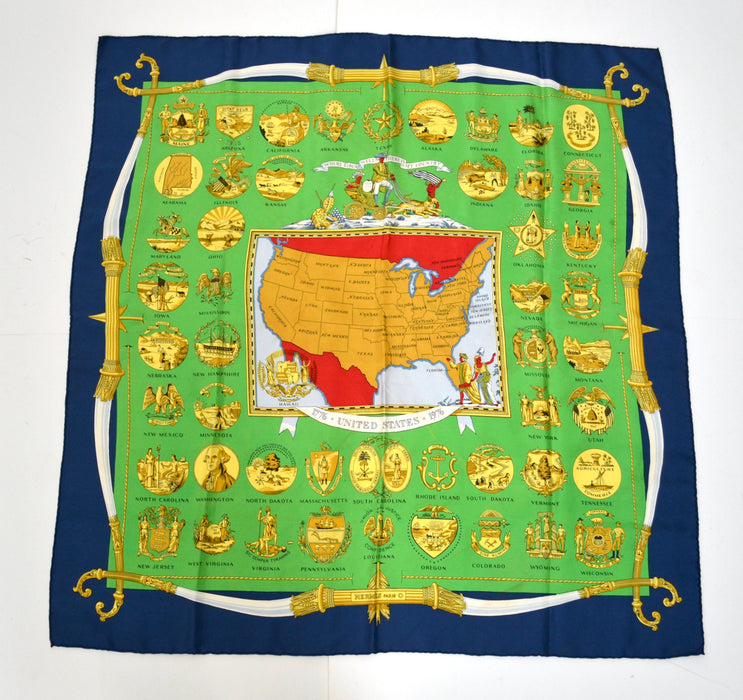 Vintage Hermès Twill Silk Scarf Hermes Arms of the United States Bicentennial Print Silk Scarf USA Map Silk Scarf Wrap Hermes Silk Head Wrap