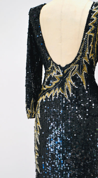 90s Vintage Black Beaded Sequin Party Dress Small Medium// 80s 90s Pageant Formal Black beaded Dress long sleeves Small Silk LIllie Rubin