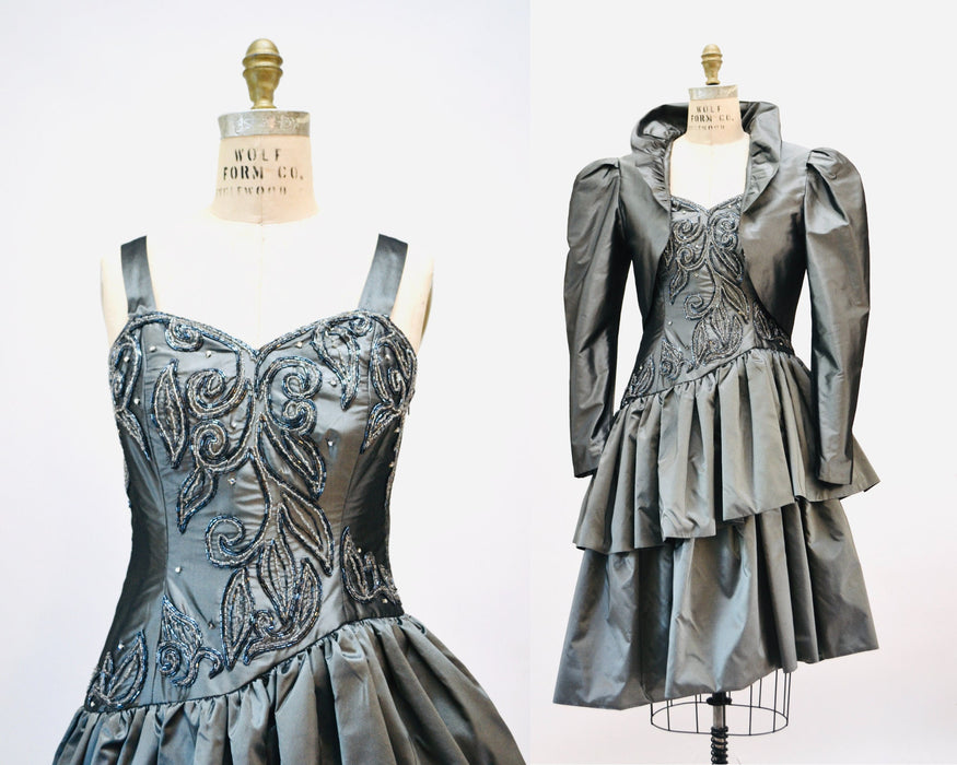 80s 90s Vintage Gray Silk Party Dress And Ruffle Jacket Beaded Rhinestone 90s Cocktail Dress Jacket Small Medium By Mary Jane Denzer