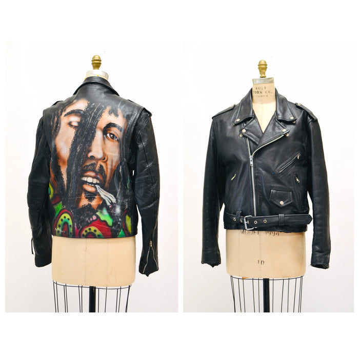 90s Vintage Black Leather Jacket with Bob Marley //Vintage Leather Jacket LA Roxx Bob Marley Reggae Music Air Brushed Painted Leather Jacket