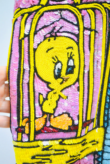 90s Vintage Jeanette Kastenberg Platinum Sequin Jacket Looney Tunes Warner Brothers Cartoon Beaded Jacket Small Tweety Bird and Sylvester