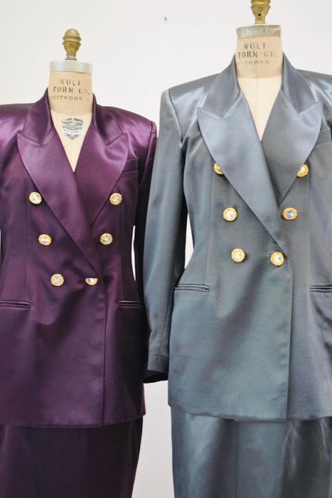 90s Vintage Gray Pewter Satin Jacket Blazer Suit Skirt Dark Grey Blazer 80s 90s Glam Power Suit Medium Criscione 90s Suit Rhinestone buttons