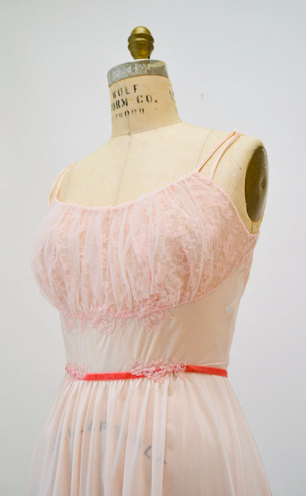 1960s 60s Vanity Fair Vintage Nightgown Nighty Dress Camisole Small Medium Pink Lace Sheer Wedding Honeymoon Nightgown Slip Dress Pink Tank