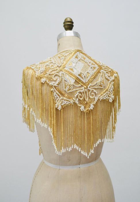 Vintage Gold Beaded Pearl Shawl Wrap Burlesque Wedding Flapper Gold Metallic Beaded Vintage Fringe Collar Shawl GOld White Pearl Sharmark